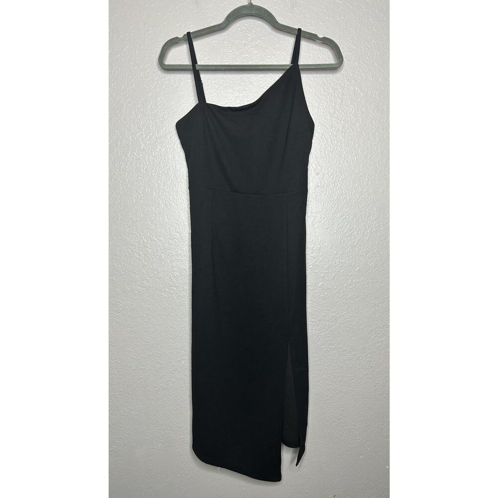 Lulus Shape the Night Black‎ LBD Asymmetrical Midi Dress Bodycon Sleeveless XL